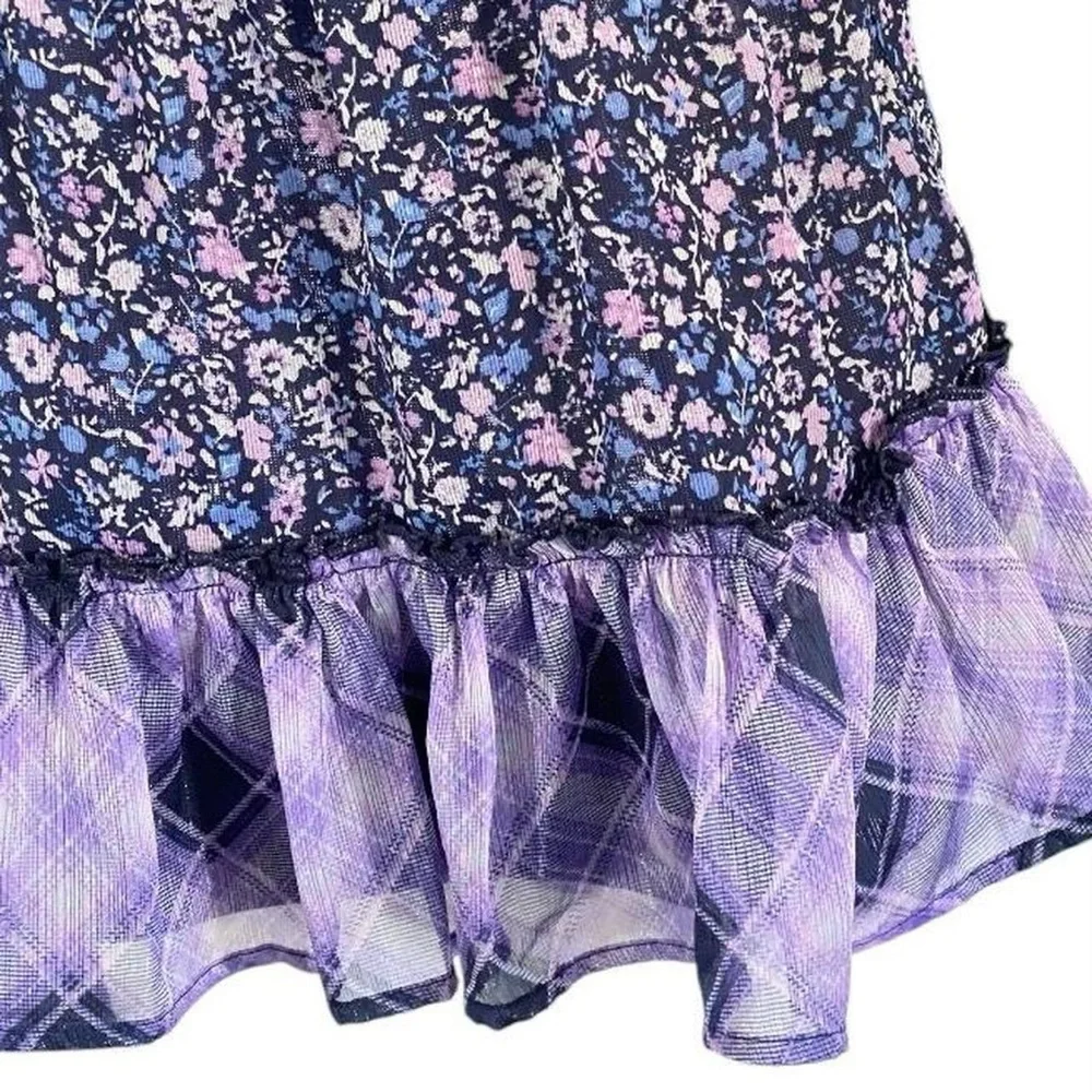 JUSTICE Y2K Fairy Babydoll Top Ditsy Floral Purple Sequin Ruffles Youth Girls 16